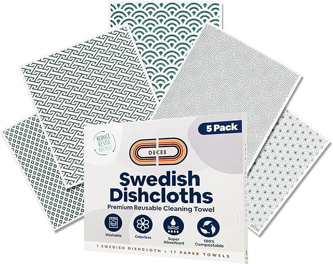 DECEE Swedish Dishcloths (Monochrome), 5 Pack Reusable Paper Towels, Non-Scratch Swedish Dish Towels for Kitchen, Super Absorbent Cellulose Dish Cloths, No Odor Cleaning Rags