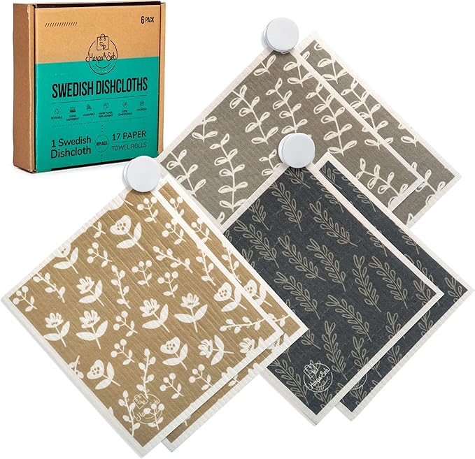 Harps&Seb Swedish Dishcloths for Kitchen Dishcloths - 6 Pack, Reusable Paper Towels with Clips, Super Absorbent Washable Non-Scratch Swedish Dish Towels, No Odor, Biodegradable