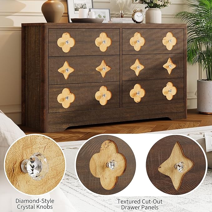 Garvee Dresser for Bedroom with 6 Drawers, 47.2'' Wide Chest of Large Decorative Drawer Front with Large Clothes Storage Cabinet, Wood Bedroom Dresser, TV Stand for Nursery, Living Room, Brown