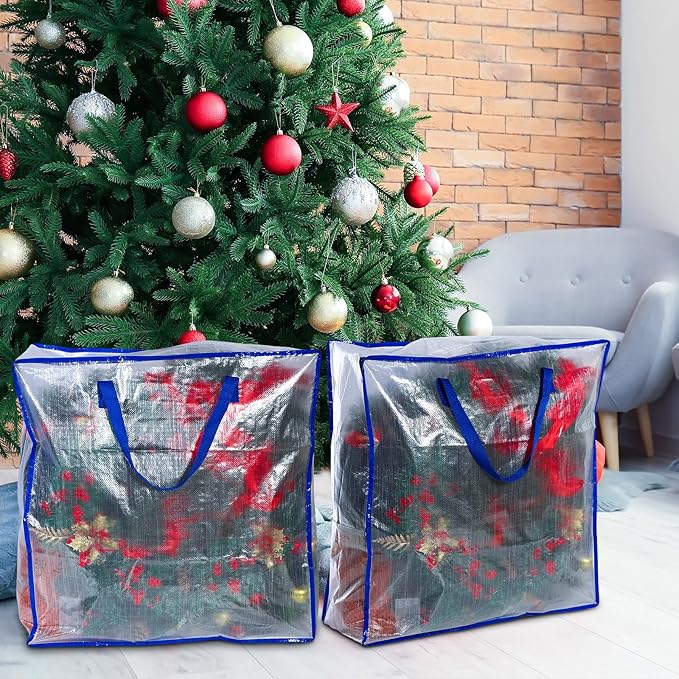 8 Pcs Clear Wreath Storage Bags 26 Inch Christmas Decoration Garland Container Door Garland Holiday Wreath Storage Holder with Handle and Zipper Heavy Duty Plastic Packing Totes(Blue)