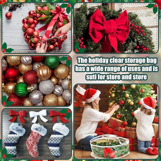 Zhengmy 3 Pcs 24 Inch Christmas Wreath Storage Bags transparent Wreath Storage Container Bulk Wreaths Box with Dual Zippers and Handles for Xmas Holiday Wreaths Garland