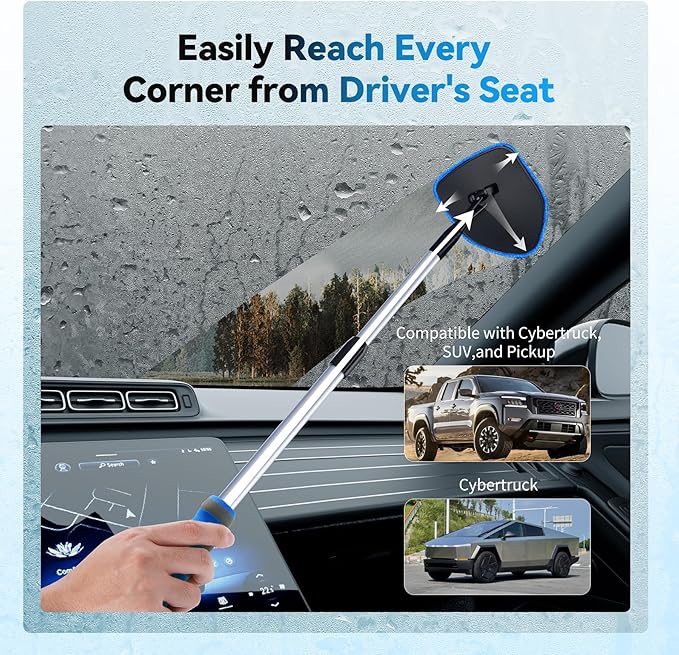XINDELL Windshield Cleaner Tool, Car Interior Glass Cleaning Kit with 360° Rotating Head and Extendable Handle, Reusable Microfiber Pads, Auto Detailing Windshield Cleaning Tool for Cars Trucks - Blue