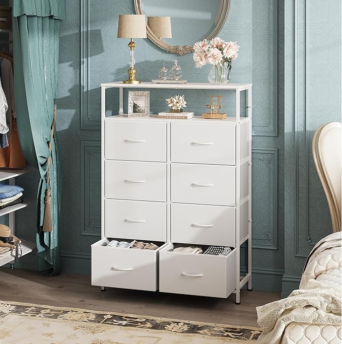 WLIVE Fabric Dresser for Bedroom with Open Shelves, Tall White Dressers with 8 Drawers, Storage Tower with Fabric Bins, Chest of Drawers for Closet, Hallway