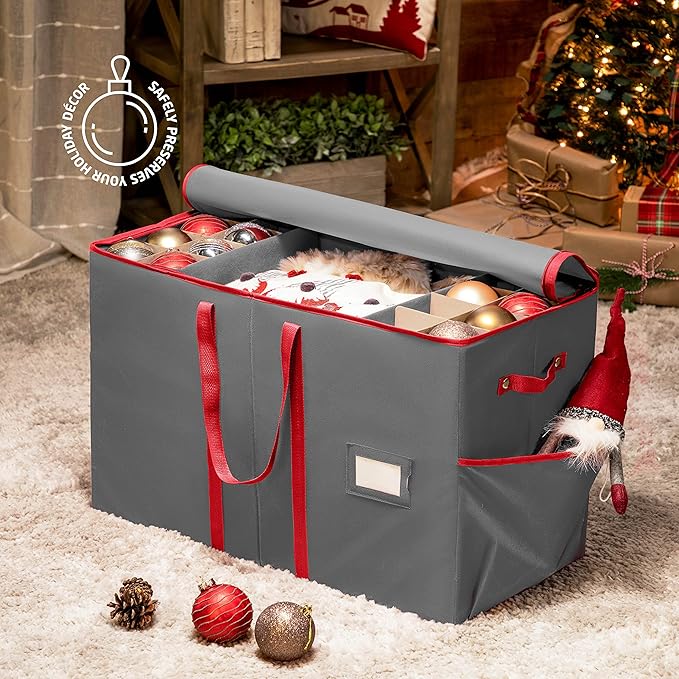 ZOBER Large Christmas Ornament Storage Box - Stores 80 3" Ornaments, With Dividers - With Large Compartment for Figurines, and Accessories, Durable Christmas Containers Holder, 4 Extra Pockets - Gray