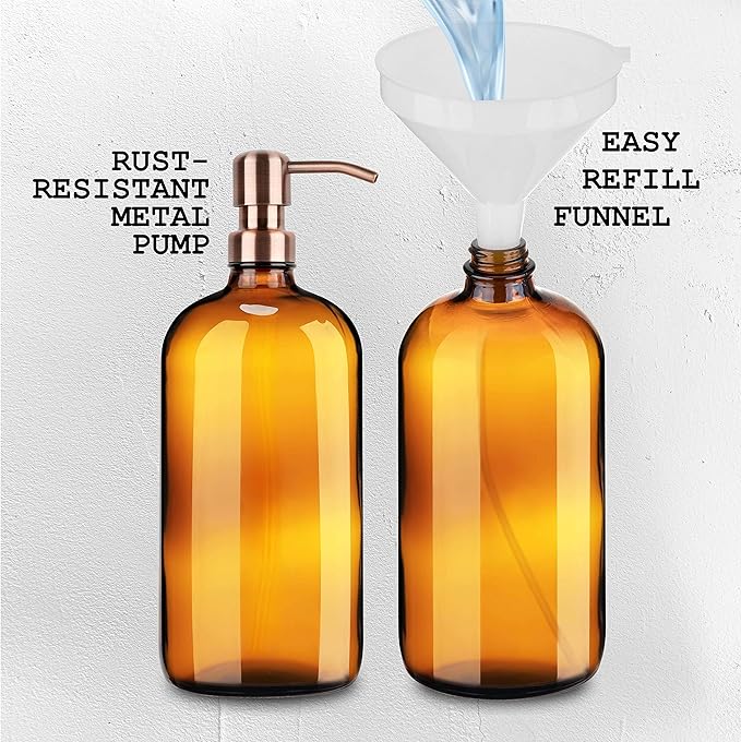 Kitchentoolz Large Pump Bottle - 32 Ounce Glass Shampoo and Soap Dispenser - Amber
