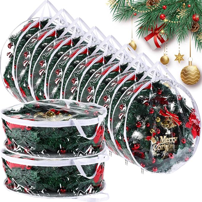 Shappy 10 Pcs 36 Inch Christmas Wreath Storage Container Clear Wreath Storage Bags PVC Waterproof Garland Bags with Clear Window Dual Zippers and Handles for Xmas Holiday Artificial Garland (White)