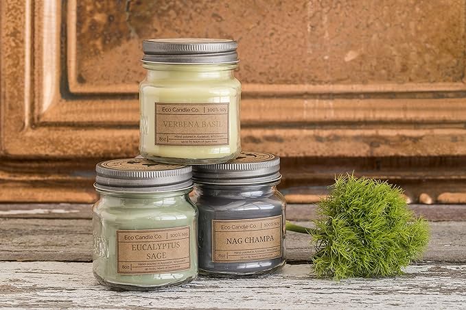 ECO CANDLE CO. Mason Jar Candle, Fig & Oak, 8 oz. - Scents of Figs, Cranberries, Leather, & Musk - 100% Soy Wax, No Lead, Kraft Label & Antiqued Pewter Lid, Hand Poured, Midwest Grown Soybeans