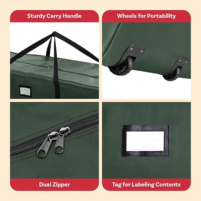 Rolling Christmas Tree Storage Bag- For 12 FT Artificial Trees-Green Canvas Duffel with Wheels-Protects Holiday Decorations & Inflatables by Elf Stor