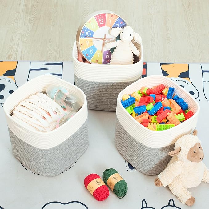 MINTWOOD Design 3-Pack 11x11in Woven Cube Storage Bin and Shelf Baskets, Cute Decorative Square Organizer for Closet, Classroom, Bathroom, Dog and Cat Toys, and Books, Grey