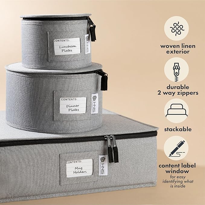 China Storage Hard Shell Containers 5-Piece Set Moving Boxes for Dinnerware, Glasses, Plates, Mugs and Saucers Sturdy Dish Organizer with Dividers for Seasonal Storage - Service for 12 - Gray
