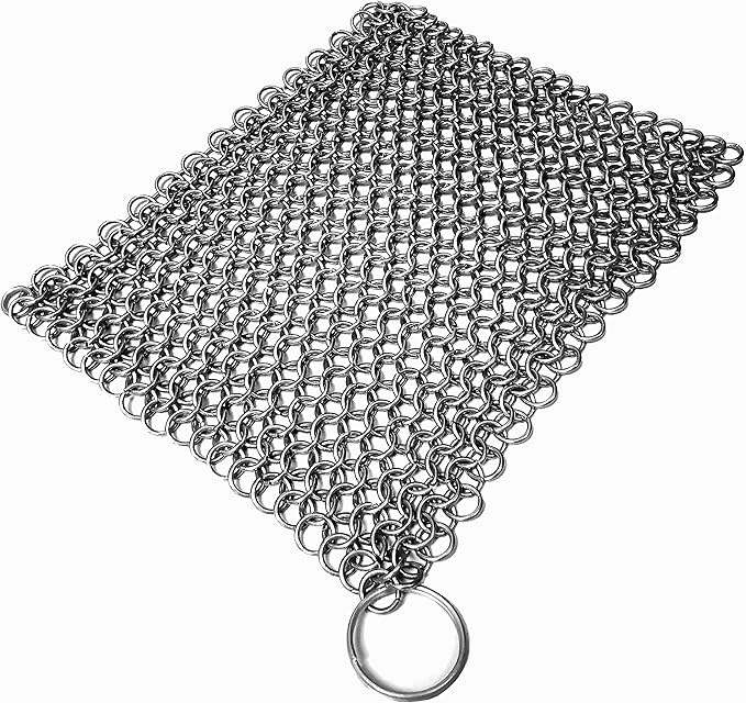 Mythrojan Cast Iron Scrubber 316 Stainless Steel Skillet Cleaner Chainmail Scrubber Chain Mail Scrub with Hanging Ring for Cast Iron Pre-Seasoned Pans (15 X 15cm)
