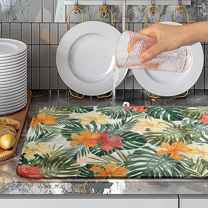 Wnoesat Tropical Palm Leaves Dish Drying Mat for Kitchen Counter Watercolor Flowers Leaf Drying Mat Dish Pads Reversible Absorbent Microfiber Dish Drainer Rack Mat for Countertop 18x24 Inch