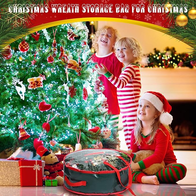 Shappy 4 Pcs Christmas Wreath Storage Bag Wreath Storage Container with Clear Window Plaid Box with Handles for Storing Garland Holiday Wrapping(Green,24 x 8 Inch)