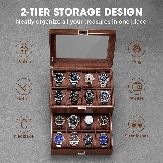 ProCase Watch Box for Men, Jewelry Organizer Box with Drawer, Display Storage Case with Glass Lid -Brown, 16 Slot
