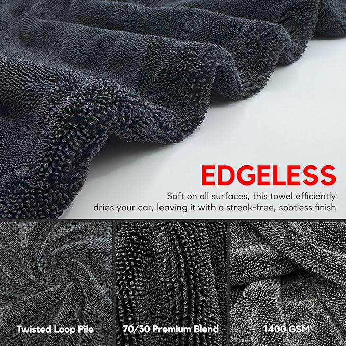 Detail Demands Extra Large Car Drying Towel - 1400 GSM Edgeless Twisted Loop Design - 70/30 Blend Microfiber Towels for Cars, Trucks, SUVs - Superior Absorption, Streak-Free - 24" x 36", Black
