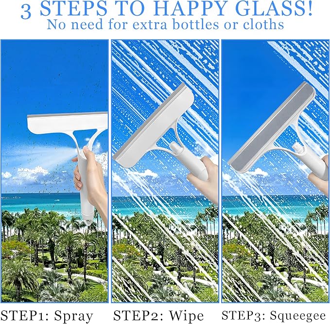 3 in 1 Window Cleaning Scraper with Spray,Glass Squeegee with Removable Hook-and-Loop Scrubbing Sponge,Mirror Cleaner Tool for Home,Car Windshield,Shower Glass,Easy Scrubbing & Streak-Free Cleaning