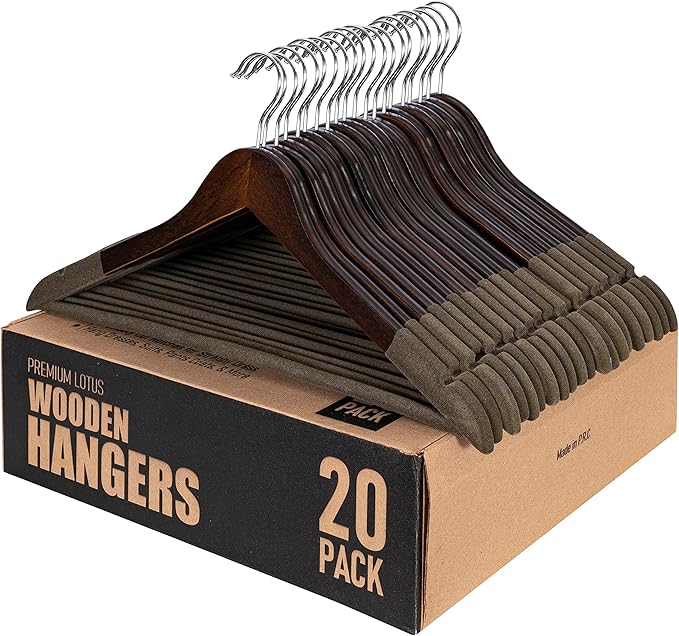 Samsarc Wooden Hangers - Non Slip Luxury Natural Lotus Wood & Velvet Suit & Pants Hangers - 360 Rotating Hooks - 20 Pack