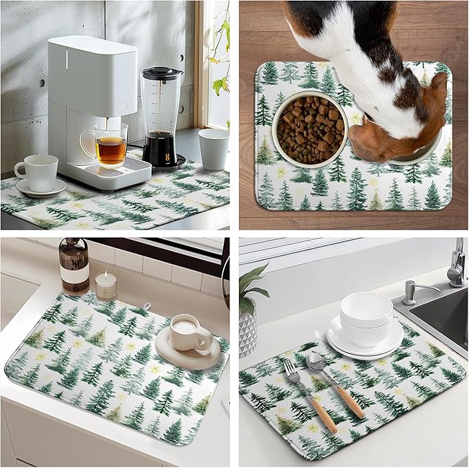 Christmas Trees Dish Drying Mat 18x24 Inch Large Size Winter Dish Dry Mats Microfiber Snowflake Absorbent Drying Pad for Kitchen Counter Forest Kitchen Decor Coffee Bar