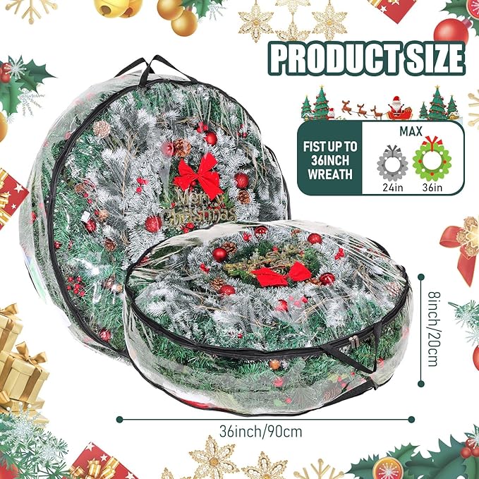 Shappy 6 Pcs 36 Inch Christmas Wreath Storage Container Clear Wreath Storage Bags PVC Waterproof Garland Bags with Clear Window Dual Zippers and Handles for Xmas Holiday Artificial Garland (Black)