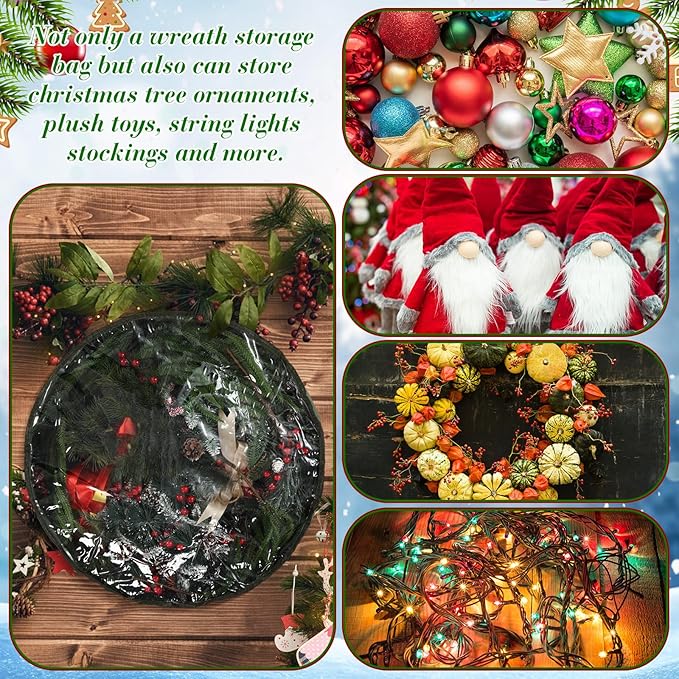 4 Pack Wreath Storage Container, 30 Inch Christmas Wreath Storage Box with Clear Window and Handles Upgrade Oxford Cloth Garland Bags with Dual Zipper for Xmas Wrapping, Green