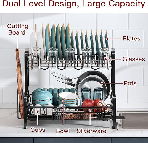 2 Tier Dish Drainers Drying Rack for Kitchen Counter Large Stainless Steel Dishes Drain with Drainboard, Space Saving, Big Modern Black Countertop Metal Plates Dryer Strainer Holder and Extra Tray