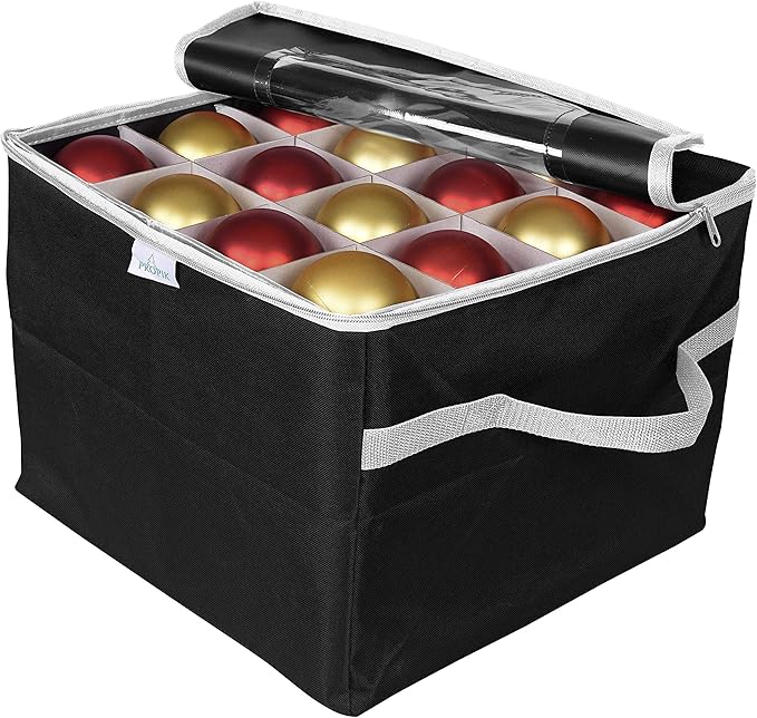 ProPik Christmas Ornament Storage Box, Organizer Holds Up to 48 Xmas Balls with 3 Separate Removable Trays, Container has Dividers to Organize Holiday Tree Ornaments (Black)