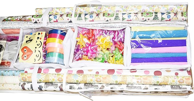 Double Sided Hanging Gift Wrap Organizer | Large 16" x 41" Wrapping Paper Rolls Storage Bag | Tearproof & Space Saving Closet Gift Bag Organization Solution | Sturdy Zippers & Robust Adhesive Strip