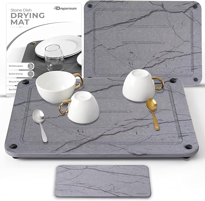 Stone Dish Drying Mat for Kitchen Counter, 2PCS Quick Dry Stone Dishes Mats, Water Absorbing Diatomaceous Earth Drying Pad for Bottles Dish Cups(Dark Gray 15.7"x11.8" & 8"x5")