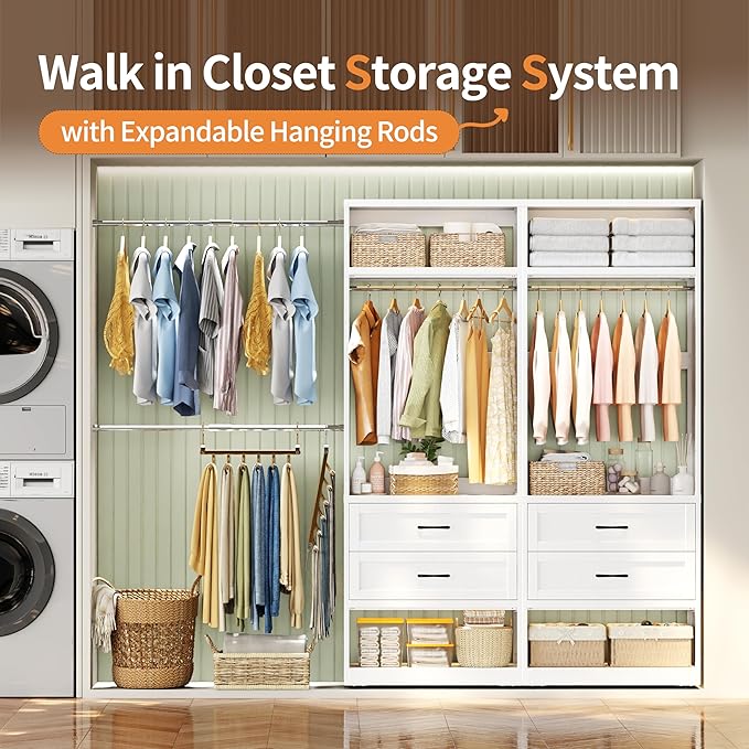 79” Closet System with 2 Drawers, 4-8 Ft Metal Closet Organizer With 4 Expandable Hanging Rods, Walk-in Closet Organizer Wardrobe Garment Clothes Rack