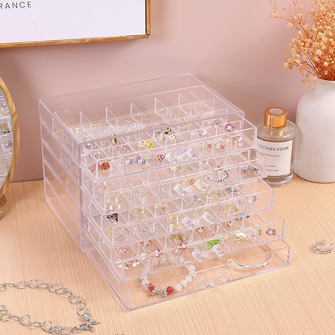 Acrylic Earring Storage Box, Jewelry Storage Holder Transparent Small Compartment Jewelry Display Stand with 5 Drawers for Earring Necklace Rings Bracelet