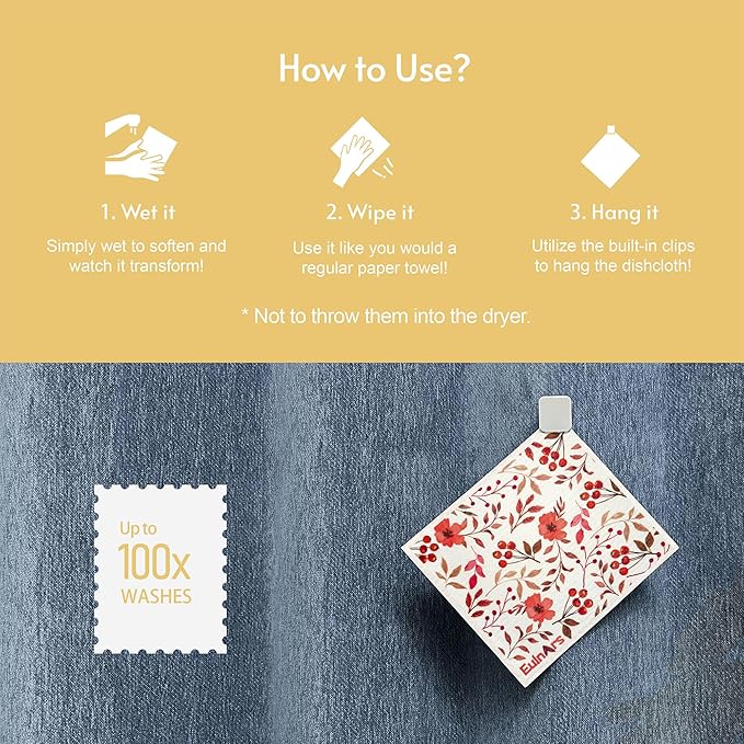 Eulnars Swedish Dishcloths for Kitchen, 8 Pack Watercolor Reusable Paper Towels with Clips, Non-Scratch Swedish Kitchen Towels, Super Absorbent Cellulose Sponge Cloths, Dishwasher Safe, No Odor