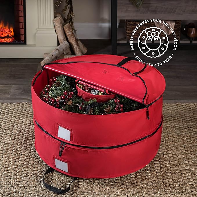 ZOBER Christmas Wreath Storage Container 36 Inch - Wreath Bag Fits 2 Wreaths Box - 600D Oxford Fabric - Interior Compartment for Storing Garlands, Wreaths Storage Bag W Strong Durable Handles - Red
