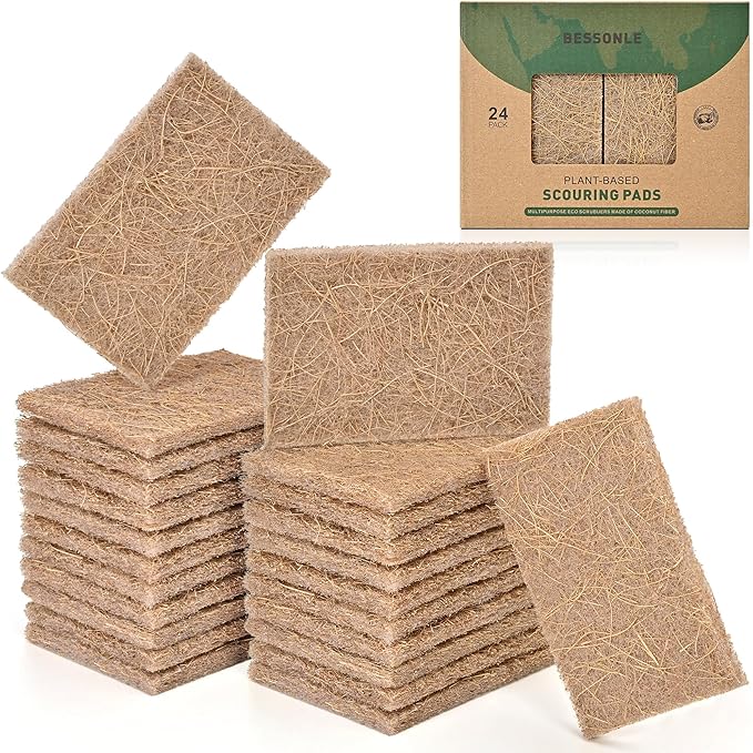 BESSONLE 24 Pack Natural Scrub Kitchen Sponges - Coconut Husk Non Abrasive Scouring Pads - Multipurpose Scrubbing for Dishes - Heavy Duty Dishes, Pan and Pot Scrubbers for Kitchen Non Scratch