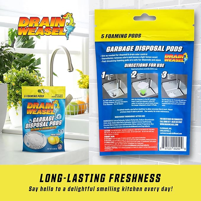 Drain Weasel Garbage Disposal Pods Cleaner and Deodorizer, Sink Odor Eliminator with Foaming Action, Septic-Safe Enzyme Formula, Fresh Lemon Scent, Pack of 5