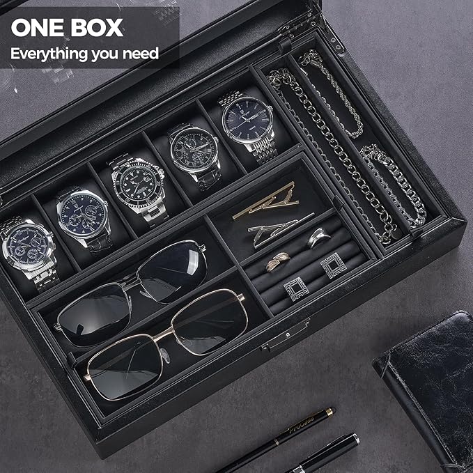ProCase Men's Jewelry Box, 5-Slot Wood Watch Display Case Jewellry Storage Organizer for Sunglasses Rings Accessories with Hidden Compartment, Watch Holder with Glass Lid, Gift for Men -Black