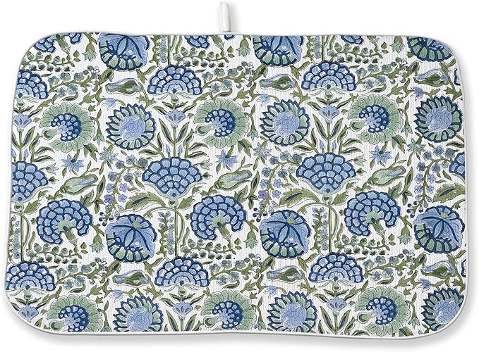 Boho Navy Blue Sage Green Dish Drying Mat 18x24 Inch Vintage Floral Drying Mat Chinoiserie Flower Spring Summer Absorbent Dish Drying Pad Dish Rack Drainer Mats for Kitchen Dining Counter