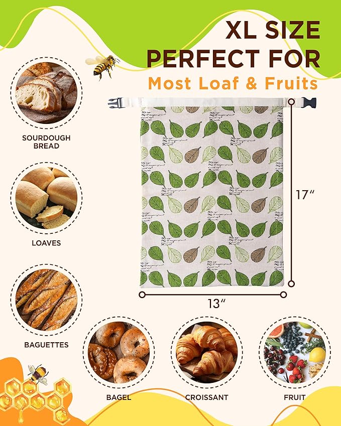 Beeswax Bread Bag for Homemade Sourdough, Sourdough Bread Bags with Zipper, 2 Pack Cotton Large Airtight Food Storage Bags to Keep Fresh | Breathable Material, Freezer Safe, Reusable, Extra-large
