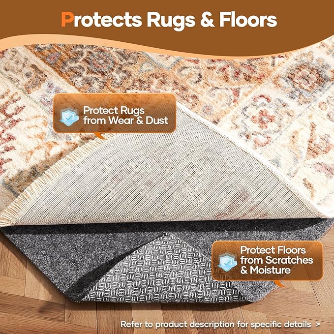 Veken Non Slip Cushioned Rug Pad Gripper 8 x 10 Ft, Felt and Silicone Backing, 1/4 inch Thick Carpet Liner for Hardwood Floors and Finishes, Under Area Rugs Anti Skid Mat, Keep Rugs Safe and in Place