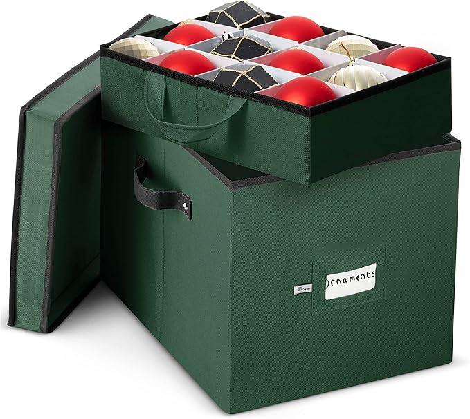 ZOBER Christmas Ornament Storage Box - Stores 36 4" Large Ornaments with Individual Trays - Tear Proof 600D Oxford Fabric - Ornament Organizer Storage Box, Durable Christmas Containers Holder - Green