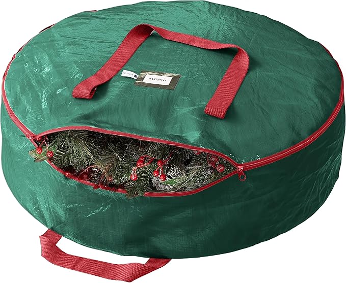 Heavy Duty Wreath Storage Bag 24 Inch, 1-Pack - Christmas Wreath Storage Container Green - Waterproof Plastic Material Wreaths Holder Storages - Holds 24 Inch Wreaths For Year Round