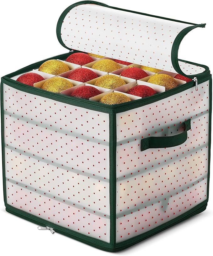 ZOBER Christmas Ornament Storage Box Plastic - Stores 64 3" Ornaments with Individual Trays - Ornament Organizer Storage Box, Durable Christmas Containers Holder - Green