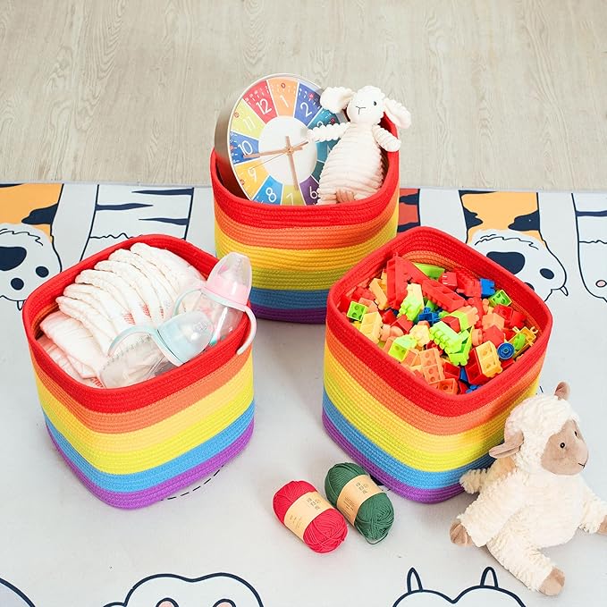 MINTWOOD Design 3-Pack 11x11 Inch Cube Storage Bin, Woven Storage Cube Organizer, Closet Organizer, Cute Square Storage Bins, Decorative Classroom Bathroom Pantry and Shelf Baskets, Rainbow