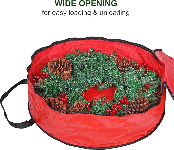 ProPik Christmas Wreath Storage Bag 24" - Garland Holiday Container with Tear Resistant Material - Featuring Heavy Duty Handles and Transparent Card Slot - 2 Pack (24 Inch, Red)