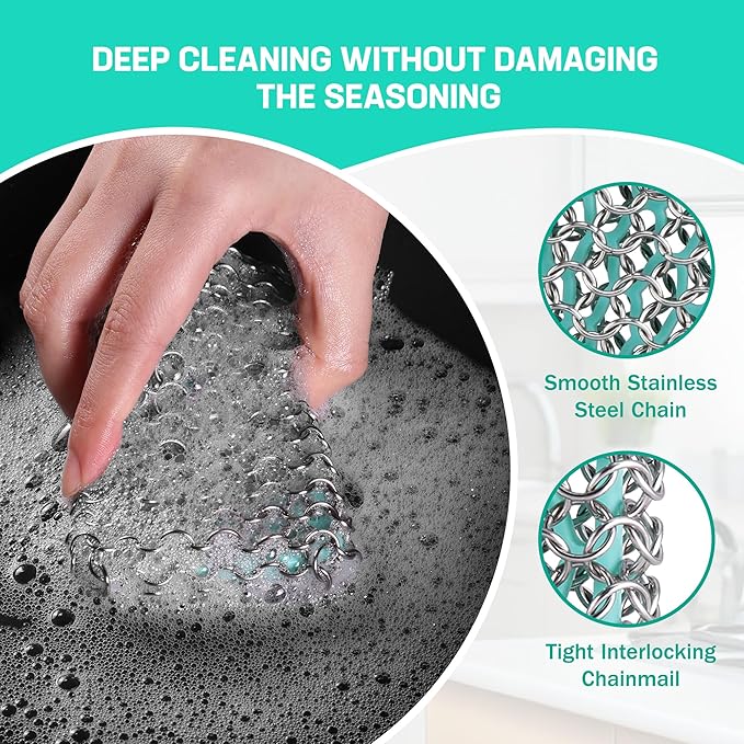 HAUSHOF Cast Iron Scrubber, Chainmail Scrubber with Silicone Core, Premium Cast Iron Cleaner for Skillet, Pan, Dutch Oven