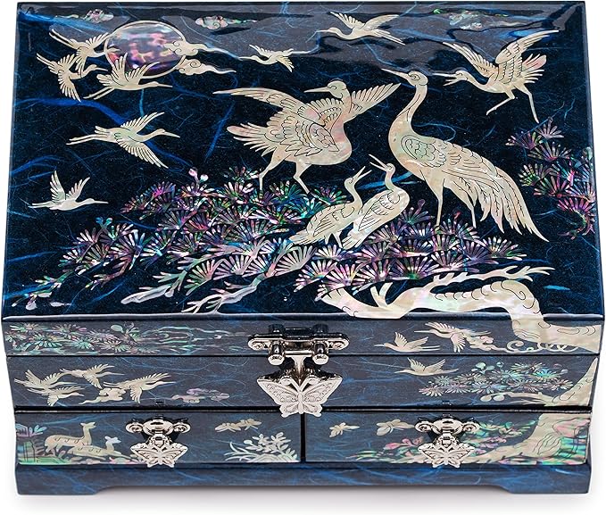 MADDesign Mother of Pearl Lacquered Jewelry Box Two Level Cranes Blue