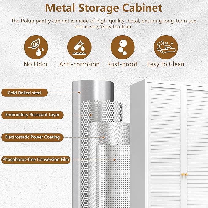 75" Kitchen Pantry Cabinet, White Metal Storage Cabinet with Doors and 4 Adjustable Shelves, Tall Metal Pantry Cabinets, Large Cupboard for Kitchen, Dining Living Room, Bathroom, Office
