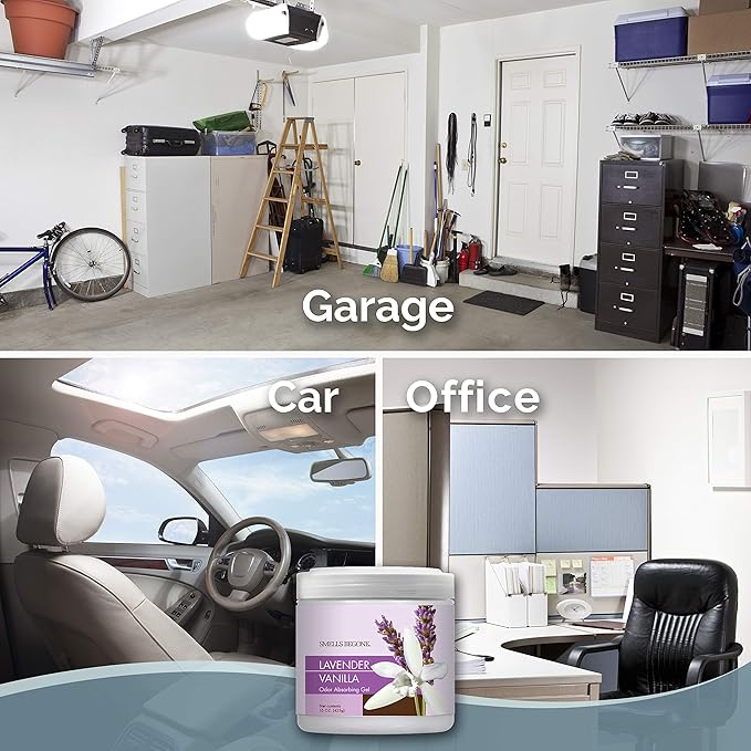 SMELLS BEGONE 15oz Gel Odor Eliminator - Absorb & Remove Tough Odors in Pet Areas, Bathrooms, Basements, Garage, Cars, RVs & Boats - Eliminate Odors Quickly (2-Pack, Lavender Vanilla)