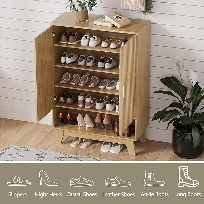 Shoe Cabinet Storage for Entryway with Doors, 5 Tier Fluted Shoe Organizer with Adjustable Shelves, Entryway Shoe Storage with Wooden Legs, Freestanding Hidden Shoe Rack for Front Door Entrance, Oak