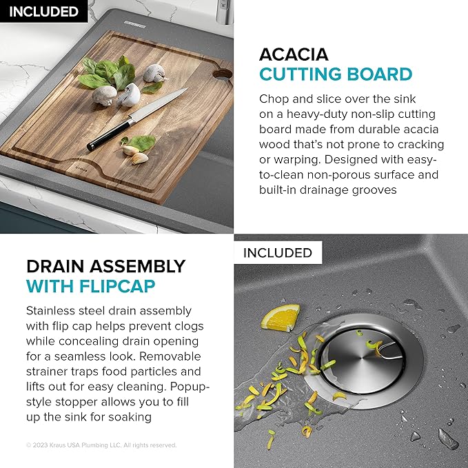 KRAUS Bellucci 28-inch Granite Workstation Drop In Top Mount Single Bowl Kitchen Sink in Metallic Grey with Accessories, KGTW12-28MGR