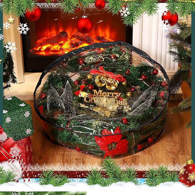 Shappy 10 Pieces Christmas Wreath Storage Container 30 Inch Wreath Plastic Storage Bags with Dual Zippers and Handles for Xmas Thanksgiving Holiday Artificial (Clear,Black)